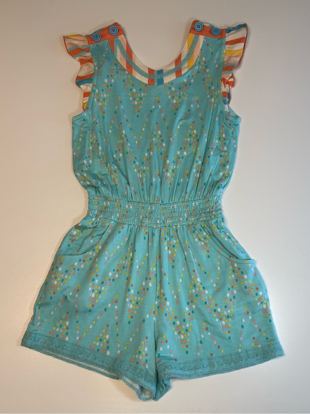 Matilda Jane Aqua Confetti Party Polka-Dot Romper with Striped Shoulder Trim